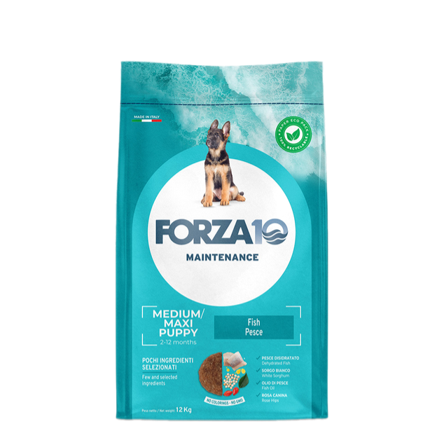 Forza 10 Medium Maxi Puppy Al Pesce 12 Kg Cibo Secco per Cuccioli di Taglia Media e Grande