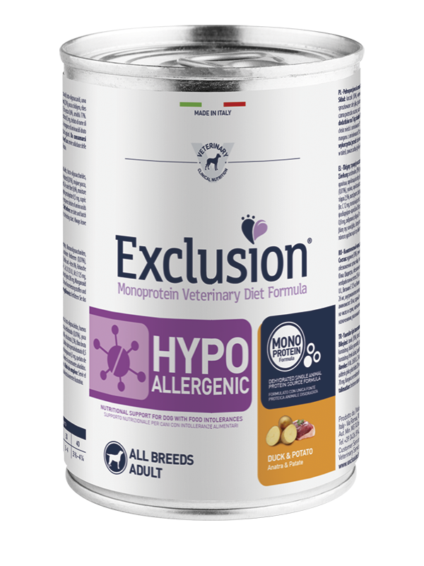 Exclusion Adult Hypoallergenic Con Anatra e Patate Per Cani Adulti - 12 Lattine