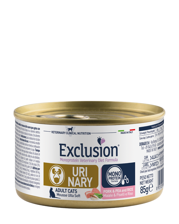 Exclusion Urinary Maiale Piselli e Riso 85 Grammi Cibo umido Per Gatti Adulti - 12 Lattine