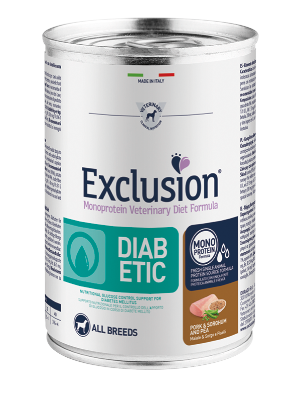 Exclusion Adult Diabetic Con Maiale Sorgo e Riso Per Cani Adulti - 12 Lattine