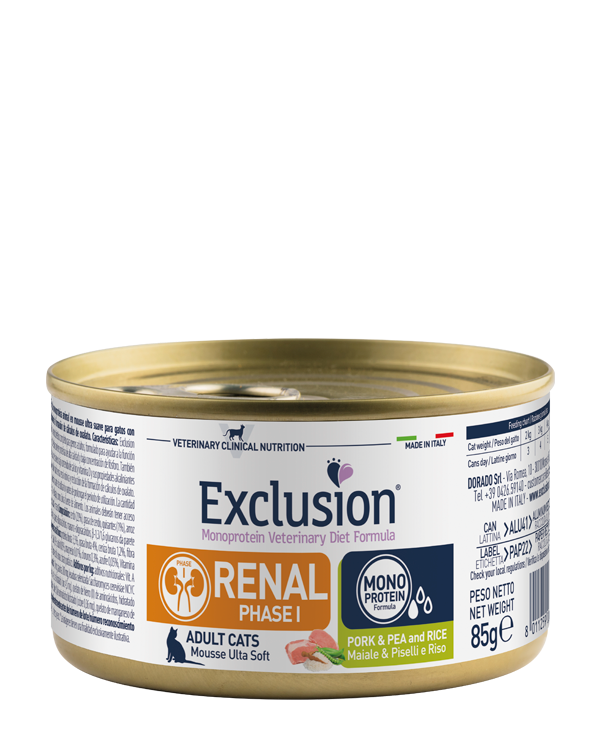 Exclusion Renal Phase 1 Con Maiale Piselli e Riso 85 Grammi Cibo umido Per Gatti Adulti - 12 Lattine