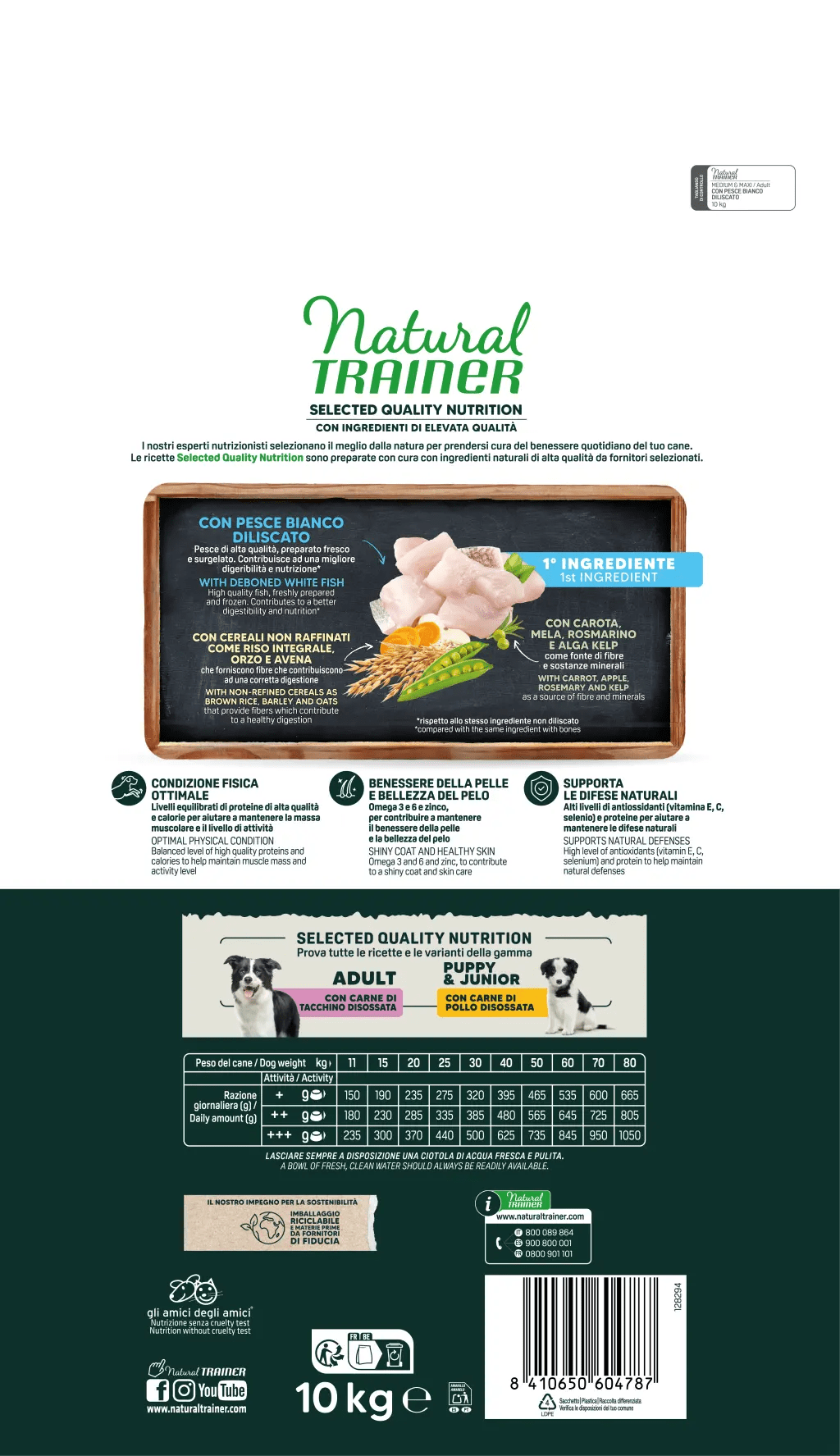 Natural Trainer Selected Quality Nutrition 10 kg Con Pesce Bianco Diliscato - Per Cani Adulti Taglia Media e Maxi