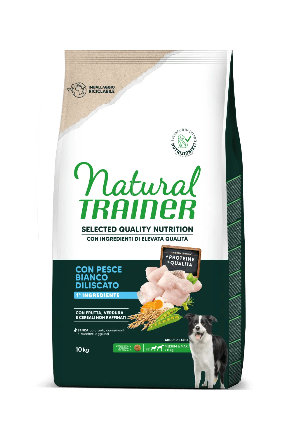 Natural Trainer Selected Quality Nutrition 10 kg Con Pesce Bianco Diliscato - Per Cani Adulti Taglia Media e Maxi