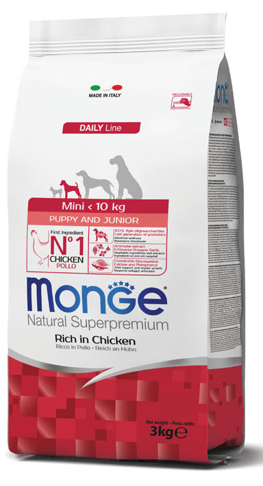 Monge Natural Superpremium Mini Puppy Junior 3 kg Ricco in Pollo Cibo Secco per Cani Cuccioli di Taglia Piccola