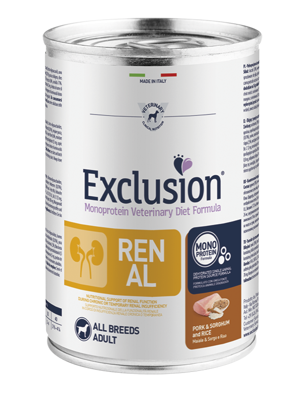 Exclusion Adult Renal Con Maiale Sorgo e Riso Per Cani Adulti - 12 Lattine