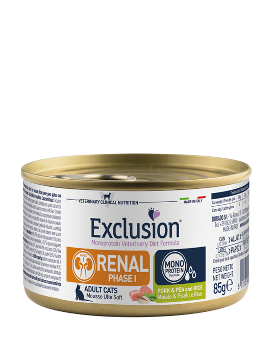 Exclusion Renal Phase 1 Con Maiale Piselli e Riso 85 Grammi Cibo umido Per Gatti Adulti - 12 Lattine