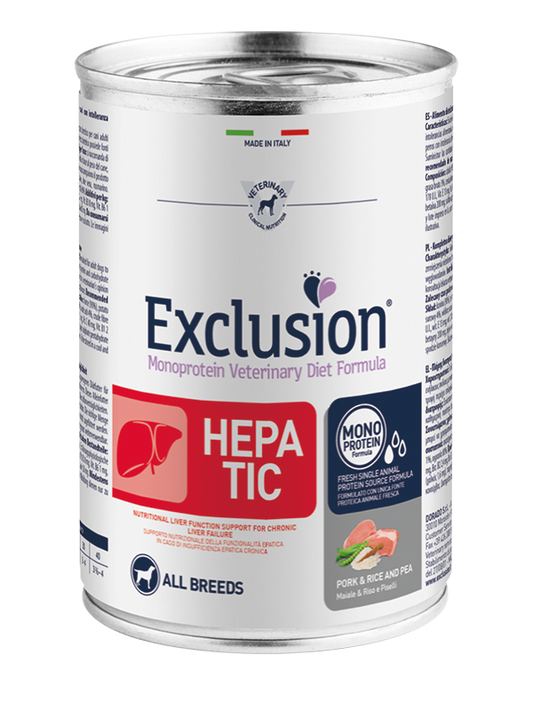Exclusion Adult Hepatic Con Maiale e Piselli Per Cani Adulti - 12 Lattine
