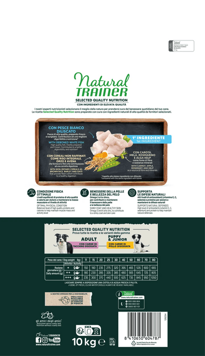Natural Trainer Selected Quality Nutrition 10 kg Con Pesce Bianco Diliscato - Per Cani Adulti Taglia Media e Maxi