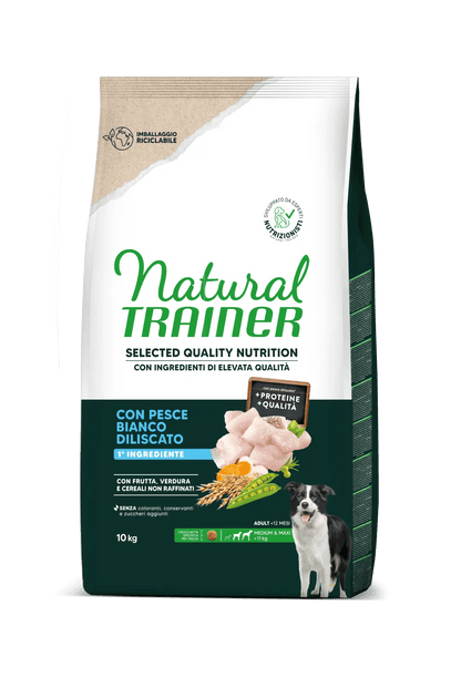 Natural Trainer Selected Quality Nutrition 10 kg Con Pesce Bianco Diliscato - Per Cani Adulti Taglia Media e Maxi
