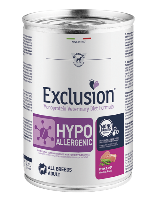 Exclusion Adult Hypoallergenic Con Maiale e Piselli Per Cani Adulti - 12 Lattine