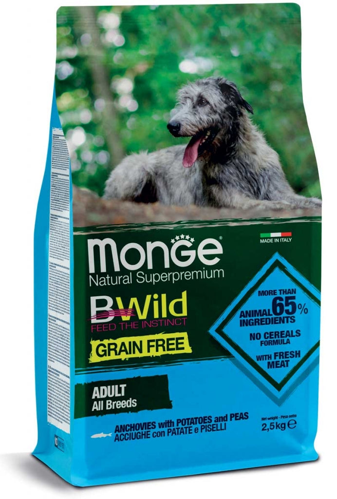 Monge Bwild Grain Free All Breeds Acciughe con Patate e Piselli Cibo Secco per Cani Adulti