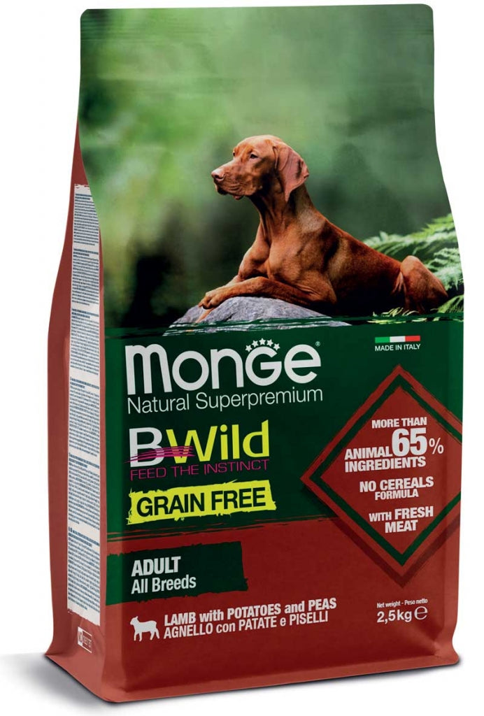 Monge Bwild Grain Free All Breeds Agnello con Patate e Piselli Cibo Secco per Cani Adulti
