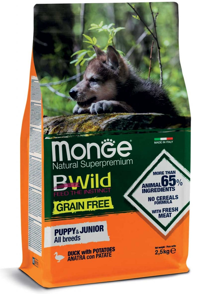 Monge Bwild Grain Free All Breeds Puppy Junior Anatra con Patate Cibo Secco per Cani Cuccioli di Tutte le Taglie