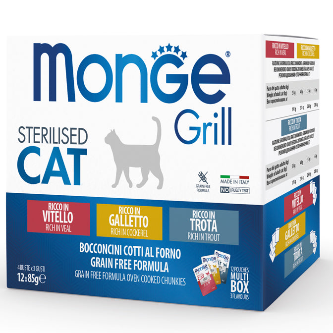 Monge Grill Multipack 85 Grammi Galletto, Trota, Vitello Sterilised Cibo Umido per Gatti Adulti Sterilizzati- 12 Buste