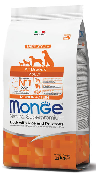 Monge Natural Superpremium All Breeds Adult Anatra con Riso e Patate Cibo Secco per Cani Adulti di Tutte le Taglie