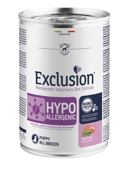 Exclusion Puppy Hypoallergenic Con Maiale e Piselli Per Cuccioli - 12 Lattine