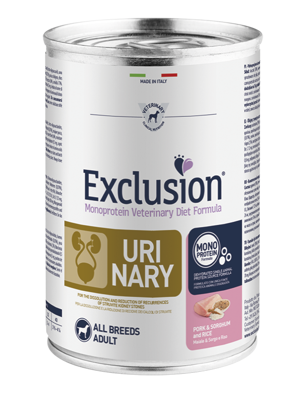 Exclusion Adult Urinary Con Maiale Sorgo e Riso Per Cani Adulti - 12 Lattine